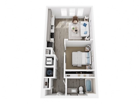 A top down view of a small apartment with a bedroom, bathroom and kitchen.